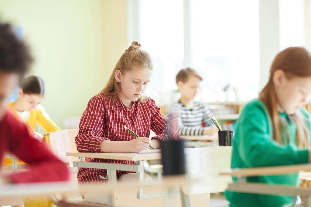School children filling test blank at exam